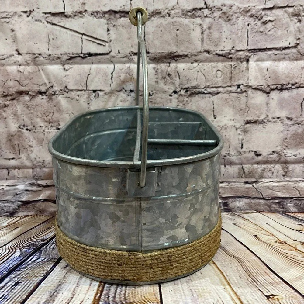 Silverware, Condiments/Napkins Galvanized & Twine Bucket New‎ With Tags!